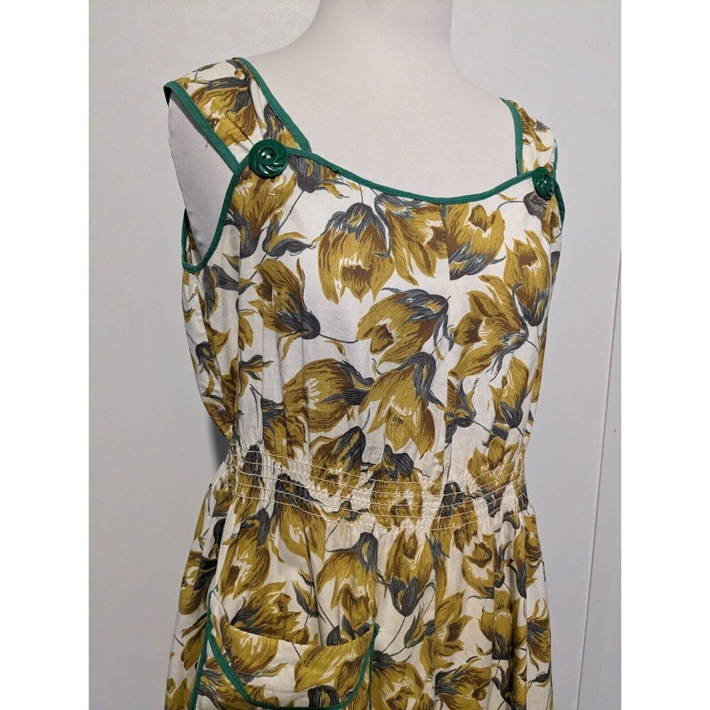 Vintage 1930s Womens Floral Cotton Jumper Sundress 40s Pin Up B39 S/M Smocked - Picture 5 of 7